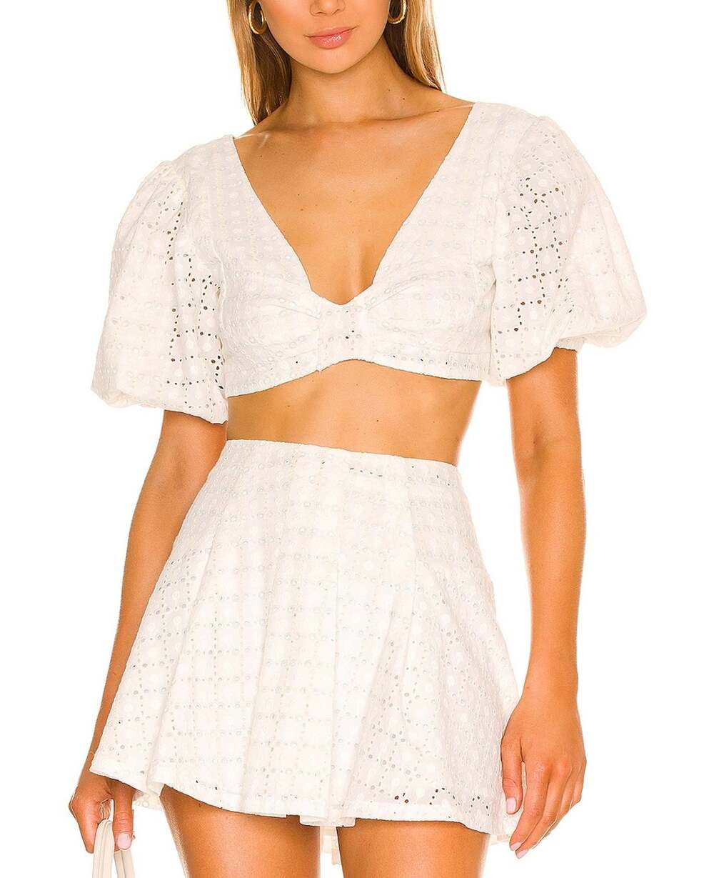 For Love & Lemons Puff Sleeve White Multi Denise Crop Top Size L